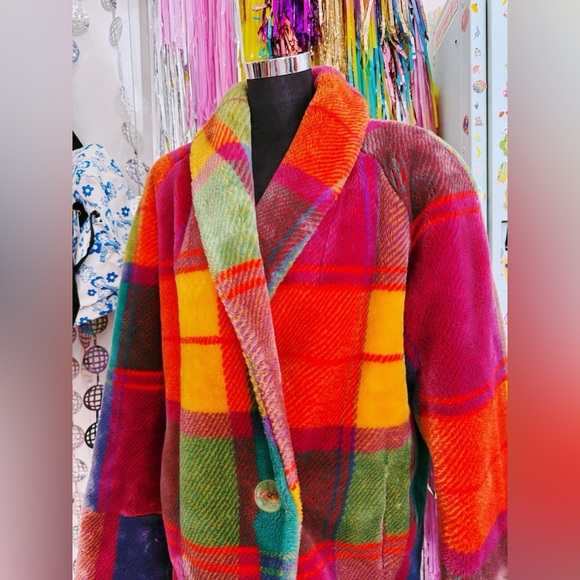 Vintage 80s 90s Bright rainbow plaid faux fur jacket - Picture 3 of 8